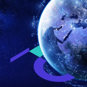 An image of the earth with a blue and purple logo.