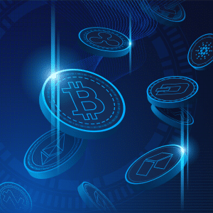 A blue background with a lot of bitcoin coins.