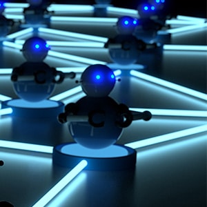 A group of blue robots in a network.