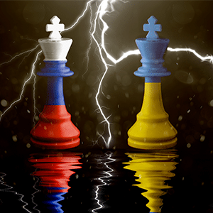 Two chess pieces in front of a lightning storm.