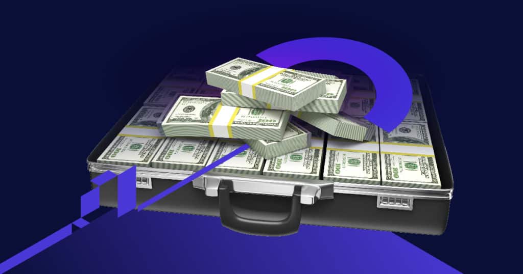 A briefcase filled with money on a blue background, showing a visual representation of data analytics.