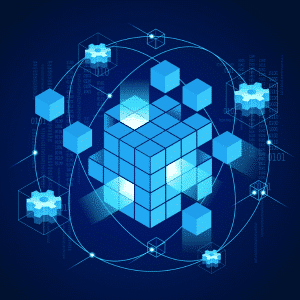 An image showcasing data fusion through a blue cube on a blue background.