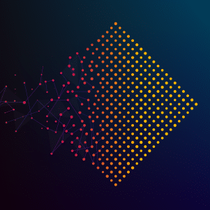 An abstract image of data dots and dots on a dark background undergoing transformation.