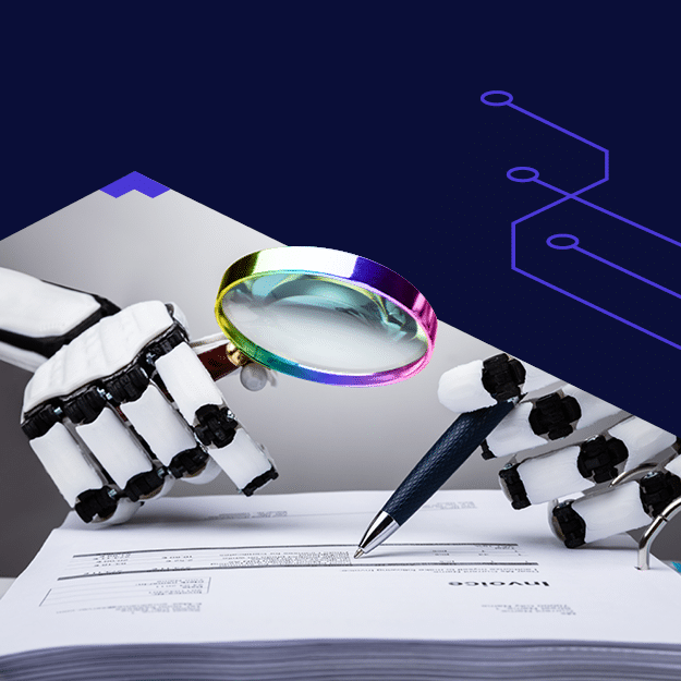 An image of a robot holding a magnifying glass and a document focused on decision intelligence.