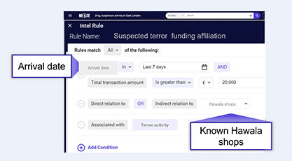 Software interface showing a rule setup for monitoring suspected terror funding transactions with specified criteria such as arrival date and transaction amount.