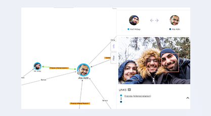 Digital interface showing a social network graph with user profile photos and linking lines, highlighted by a larger photo of three smiling friends.