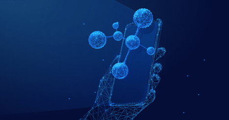 Digital illustration of a hand holding a smartphone, with stylized virus particles originating from the screen, all depicted in blue wireframe on a dark background.